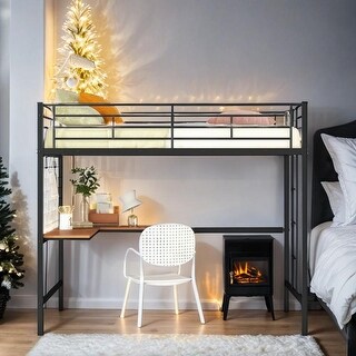 Full Metal Loft Bed with Desk and Metal Grid, Space-saving, Black