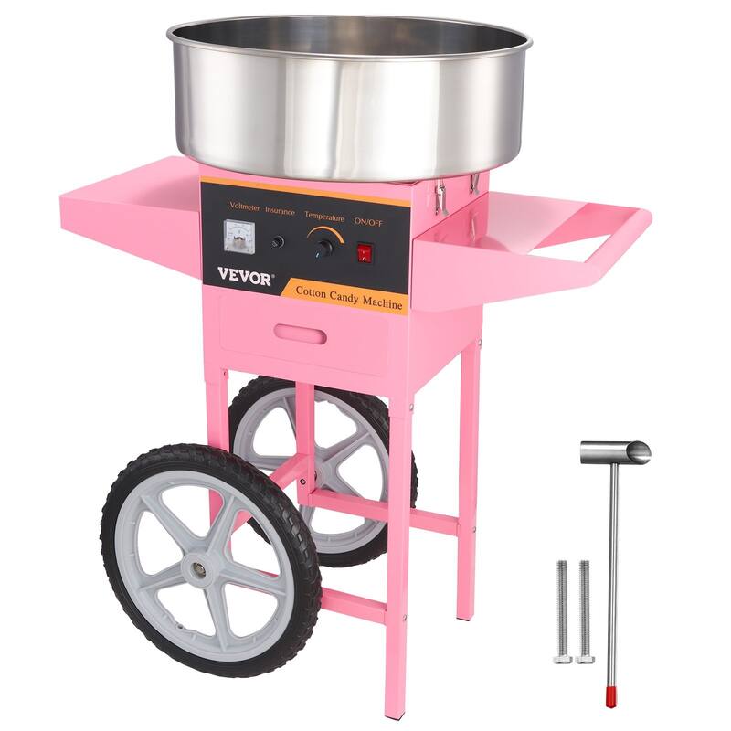 Electric Cotton Candy Machine with Cart, 1000W Commercial Floss Maker with Stainless Steel Bowl - Pink