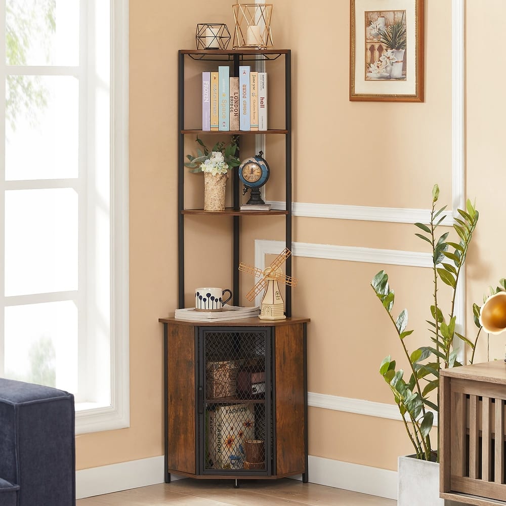 Javlergo 5-tier Wood Bookshelf Bookcase Display Corner Shelf with Storage and Glass Holder 63" Wine Bar