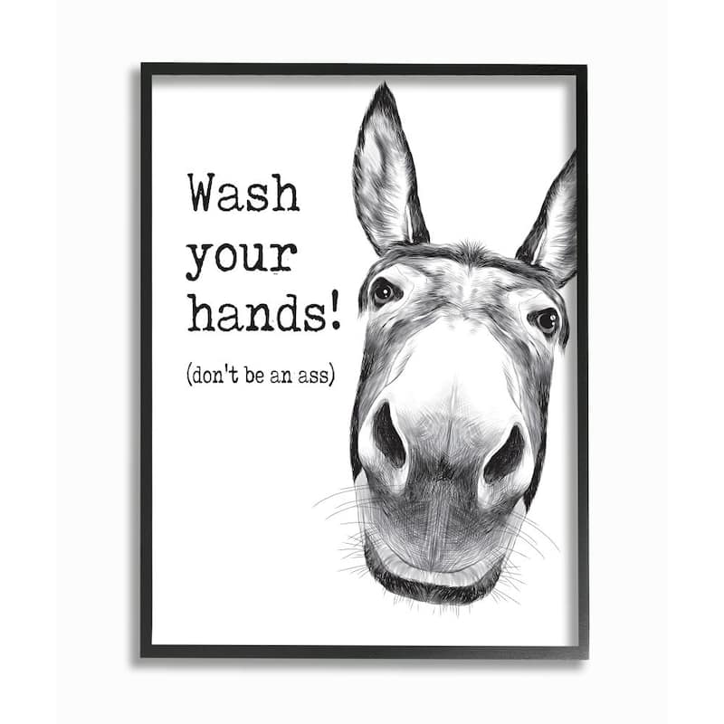Stupell Wash Your Hands Donkey Quote Bathroom Animal Humor Framed Wall Art - 11 x 14 - Black