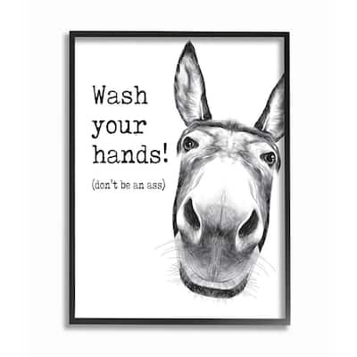 Stupell Wash Your Hands Donkey Quote Bathroom Animal Humor Framed Wall Art