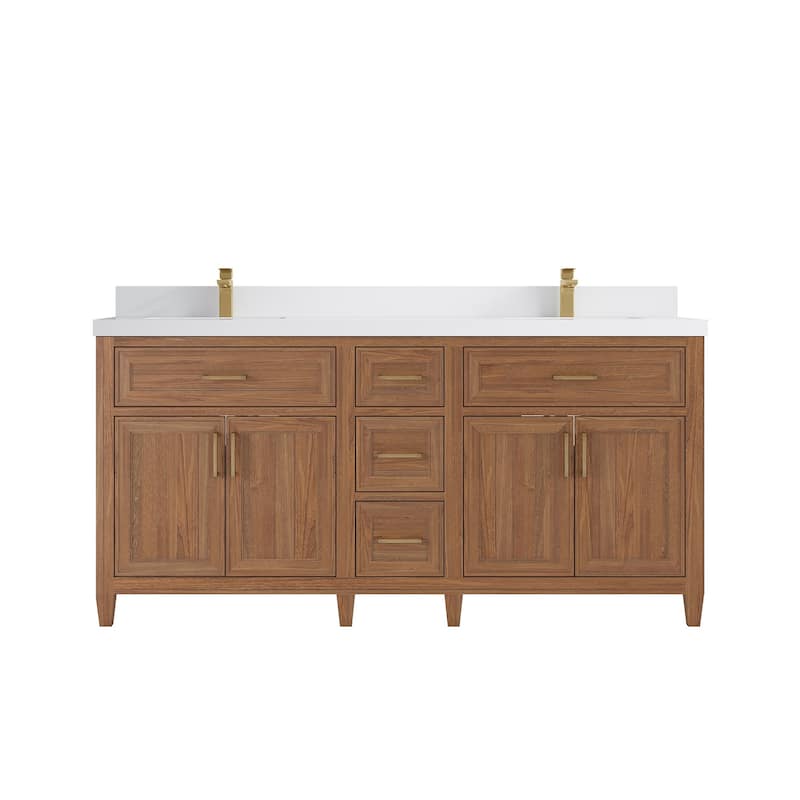 Willow Collections 72 in. W x 22 in. D Santa Monica Teak Double Sink Bathroom Vanity with Countertop - 2”White Quartz - Dark Natural