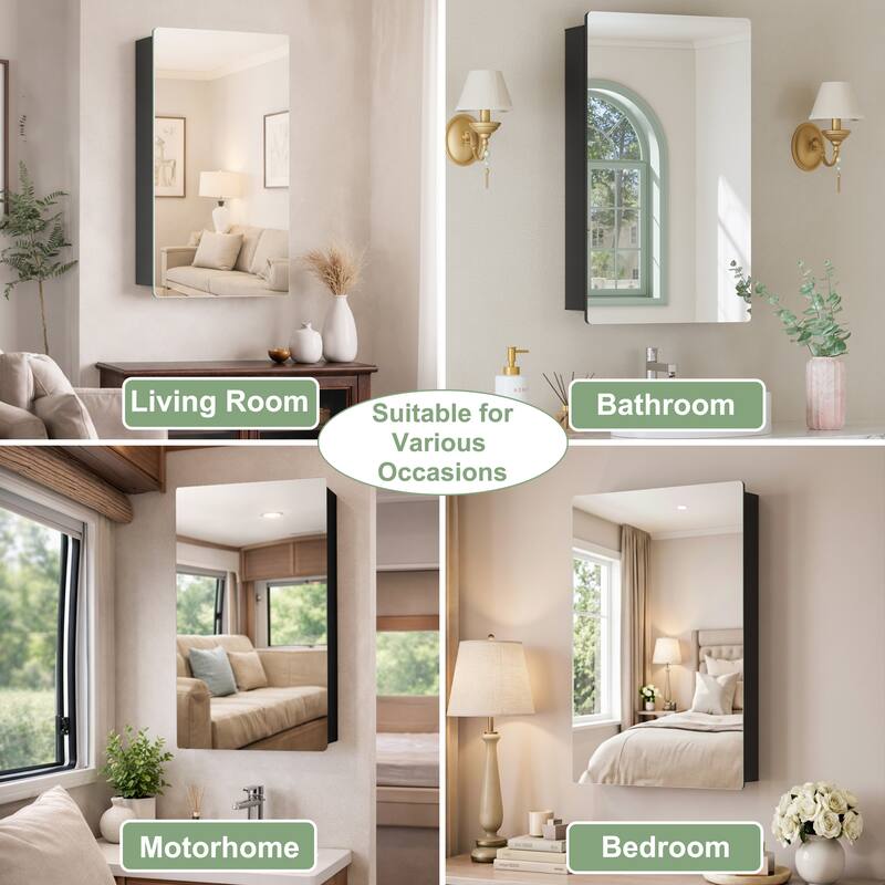 Mira Rectangular Frameless Medicine Cabinet with Mirror, Sliding Adjustable Glass Shelves, Reversible Door