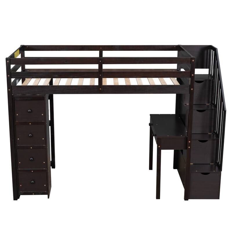 Twin Size Loft Bed with Storage, Desk, Stairs, and Shelves in Espresso Finish