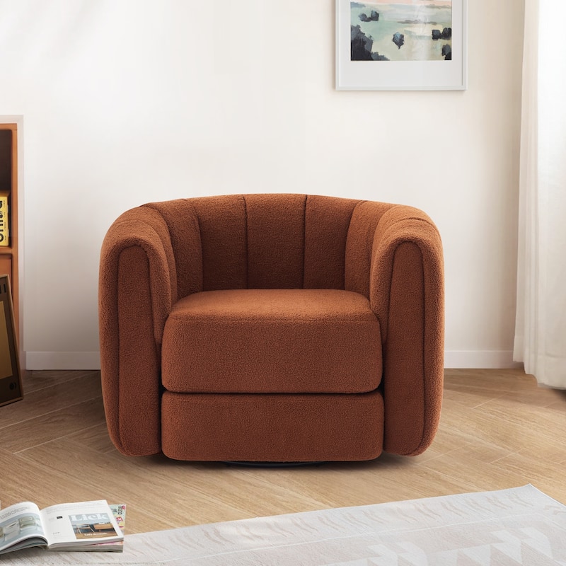 GDFStudio - Elodie Wide Teddy Swivel Armchair with Wooden Side Base, Modern Comfy Accent Chair