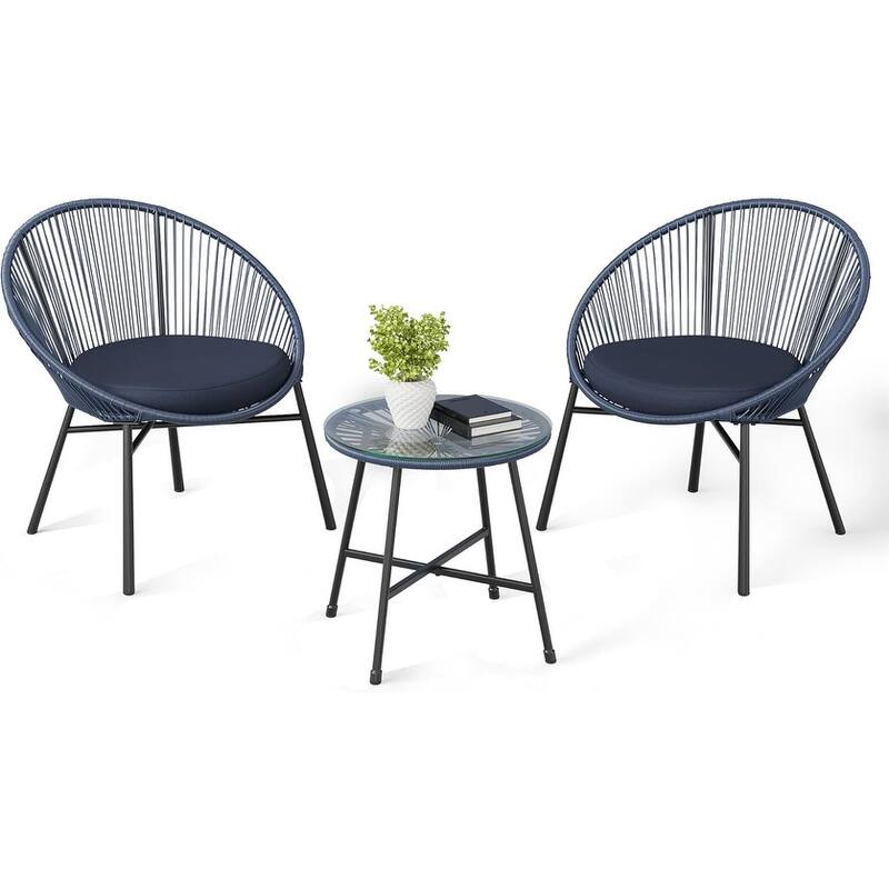 3 Pieces Outdoor Acapulco Chair Patio Bistro Set, All-Weather Acapulco Chairs with Glass Top Table - Ink Blue