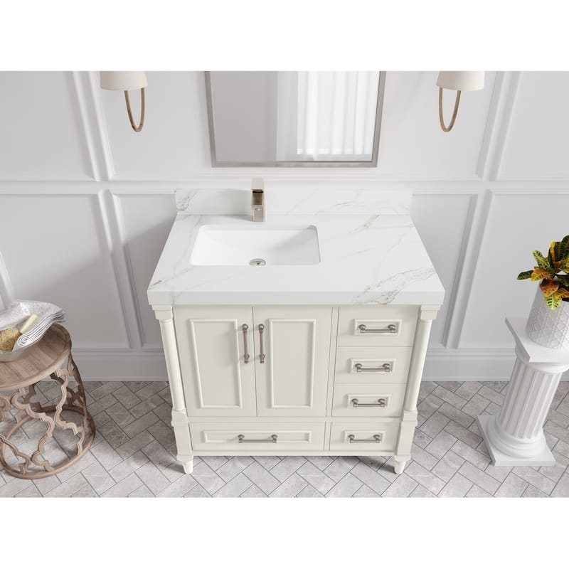 Willow Collections 36 in. W x 22 in. D Aberdeen Left Offset Sink Bathroom Vanity with Countertop - 2" Calacatta Sienna - Ivory