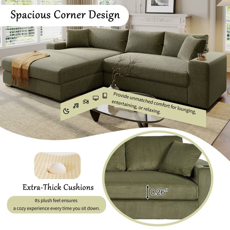 Luxurious Large Sectional Sofa with Thick Cushions, Lounge, Built-in Cup Holders & Charging Ports