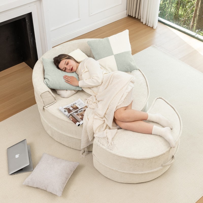 47.63" Round Lazy Fully Compression Sofa, Chenille, with Ottoman