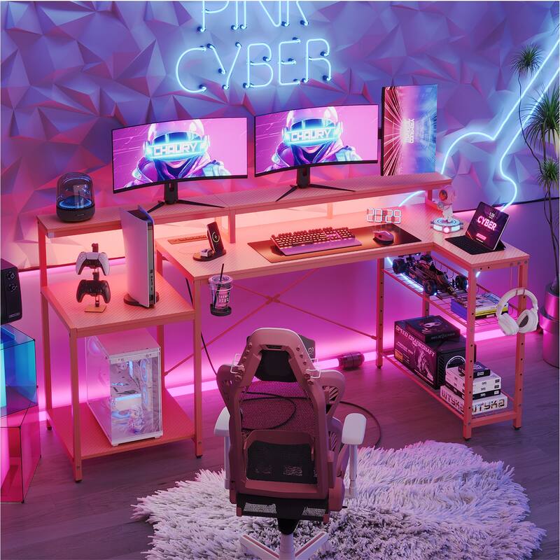 Bestier 71.5 L Shaped Computer Desk with LED, Corner Gaming Desk with Power Outlet