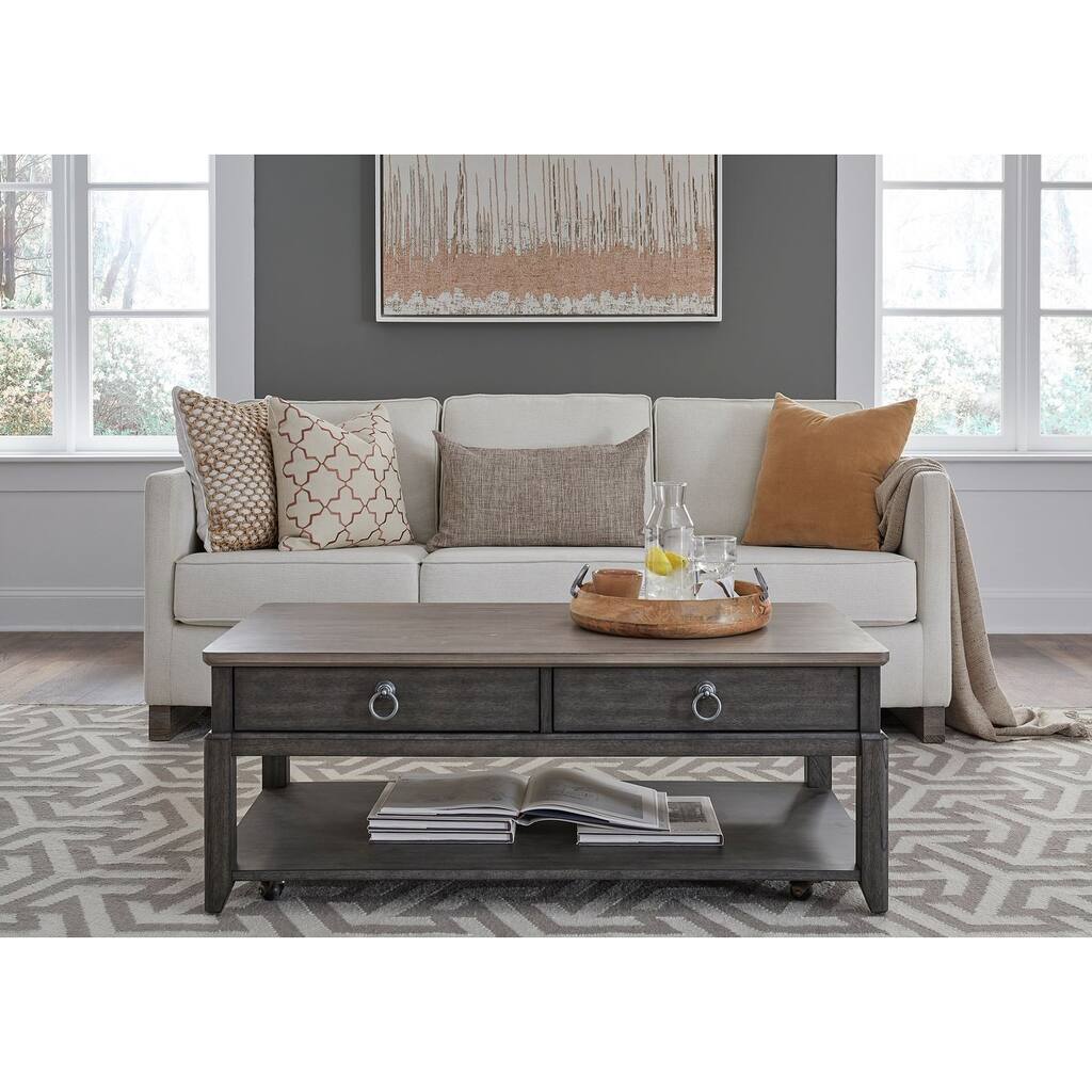 Gracewood Hollow Modern Gray Wood Coffee Table with Drawers and Shelf
