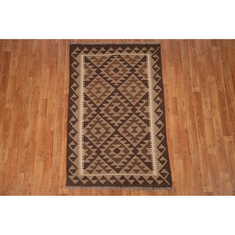 Flat-weave Kilim Oriental Area Rug Brown Reversible Wool Carpet - 3'2" x 5'0"