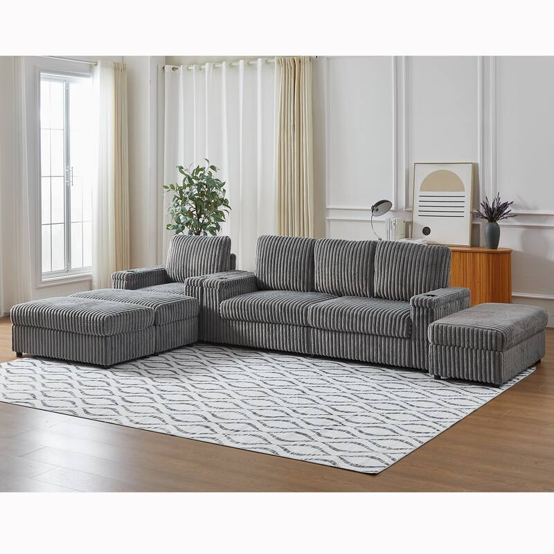 Anmytek Corduroy 3-Seater Deep Seat Sofa & Single Recliner With Cup-Holding Grooves