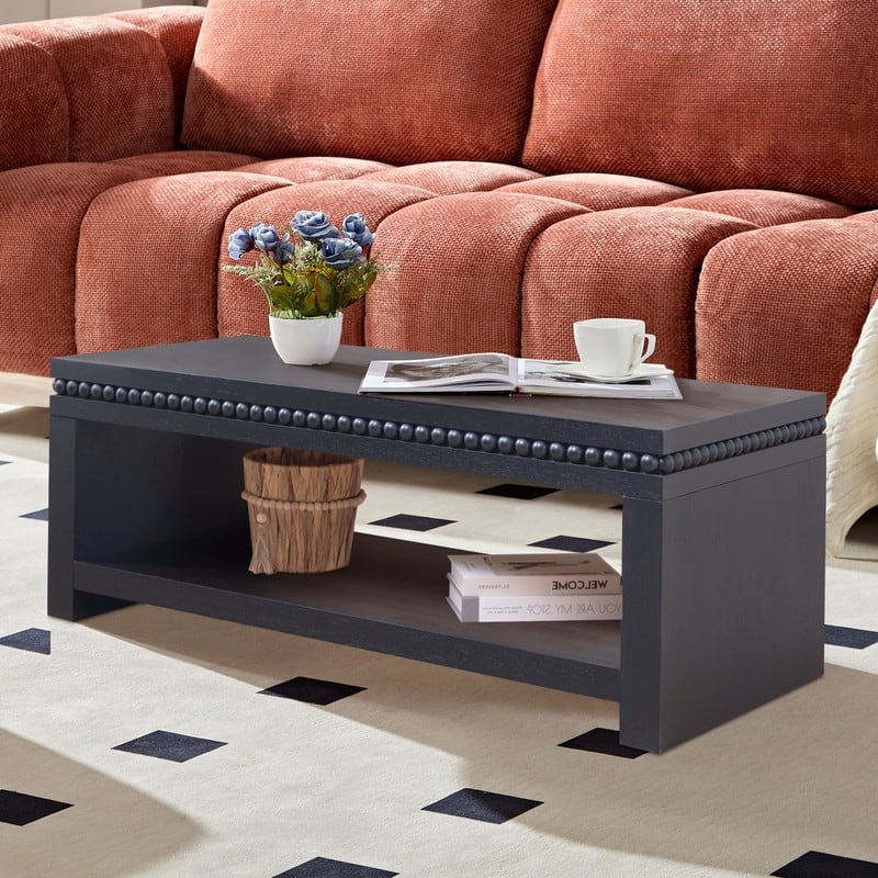 Modern Wood Coffee Table with Beaded Trim and Open Storage Shelf for Stylish Living Room Decor