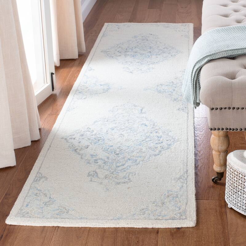 SAFAVIEH Handmade Micro-Loop Dijana Wool Rug - 2'3" x 9' Runner - Ivory/Blue