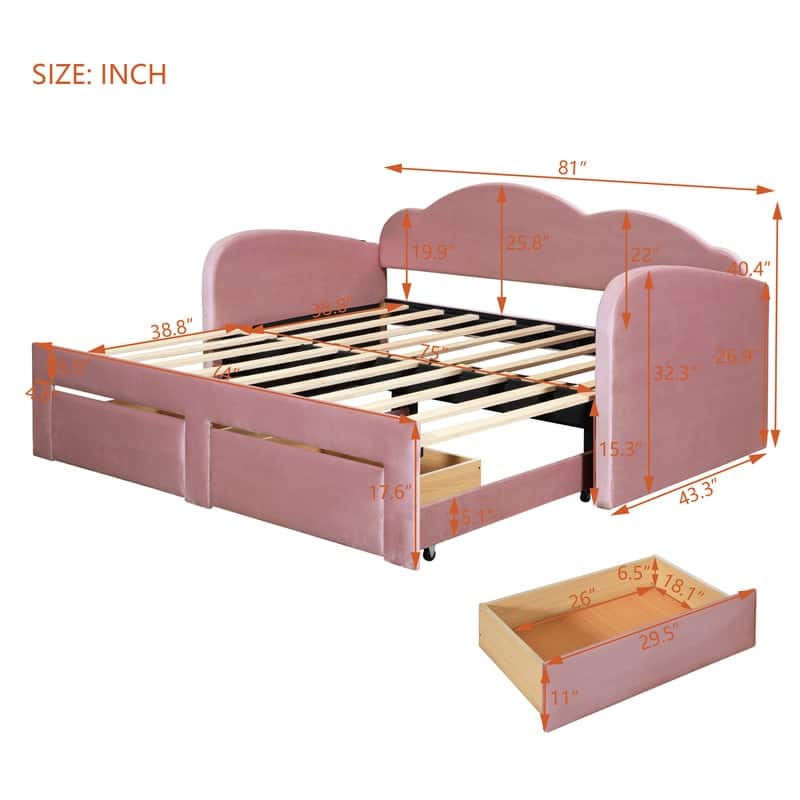 Twin Size Velvet Upholstered Daybed with Cloud-Shaped Backrest,Trundle and 2 Drawers