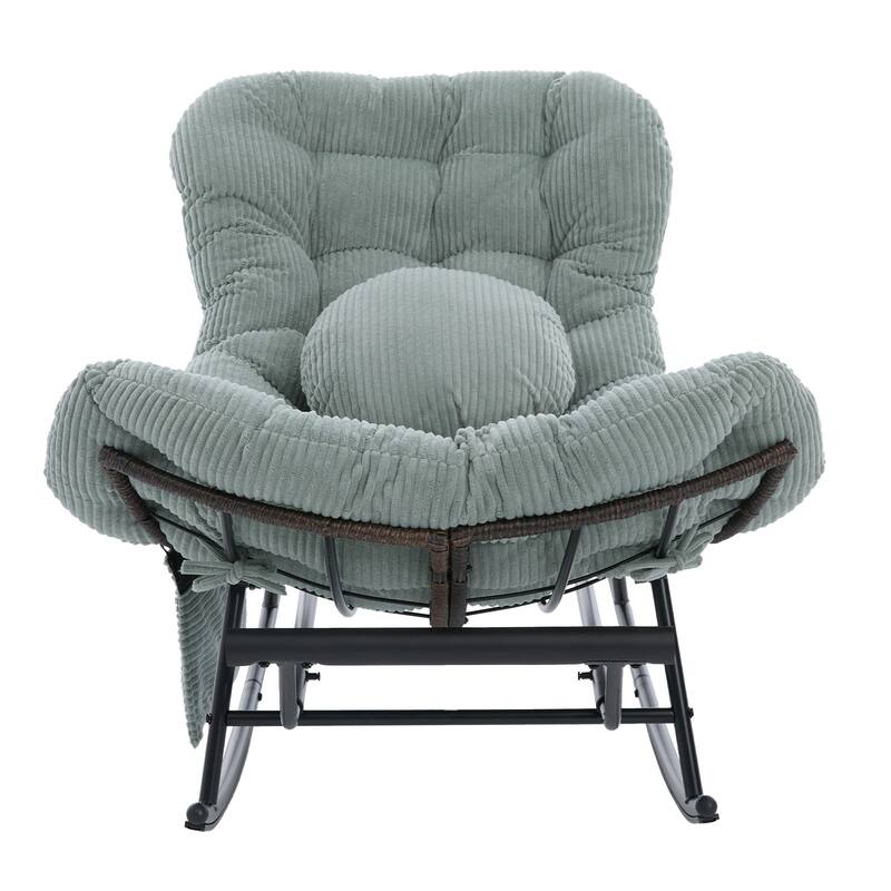 HOMEFUN Corduroy Upholstered Egg Shaped Design Steel Frame Rocking Chair with Side Pocket and Foot Pedal