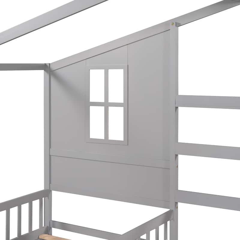 Modern Wood House 2 Twin Size Bed With Fence And Slatted Frame
