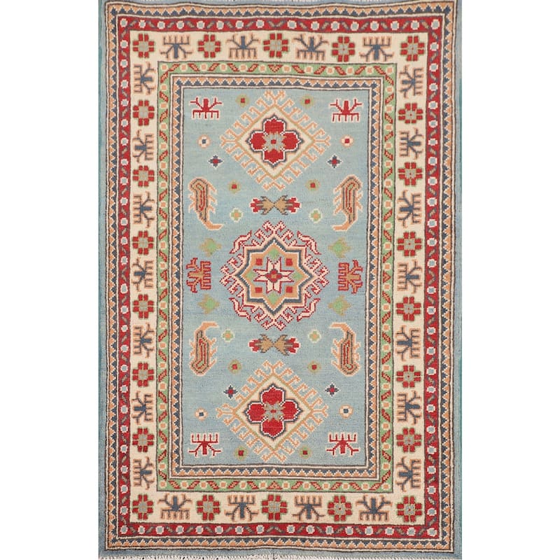 Light Blue Kazak Oriental Rug Handmade Accent Wool Carpet - 2'9" x 4'3"