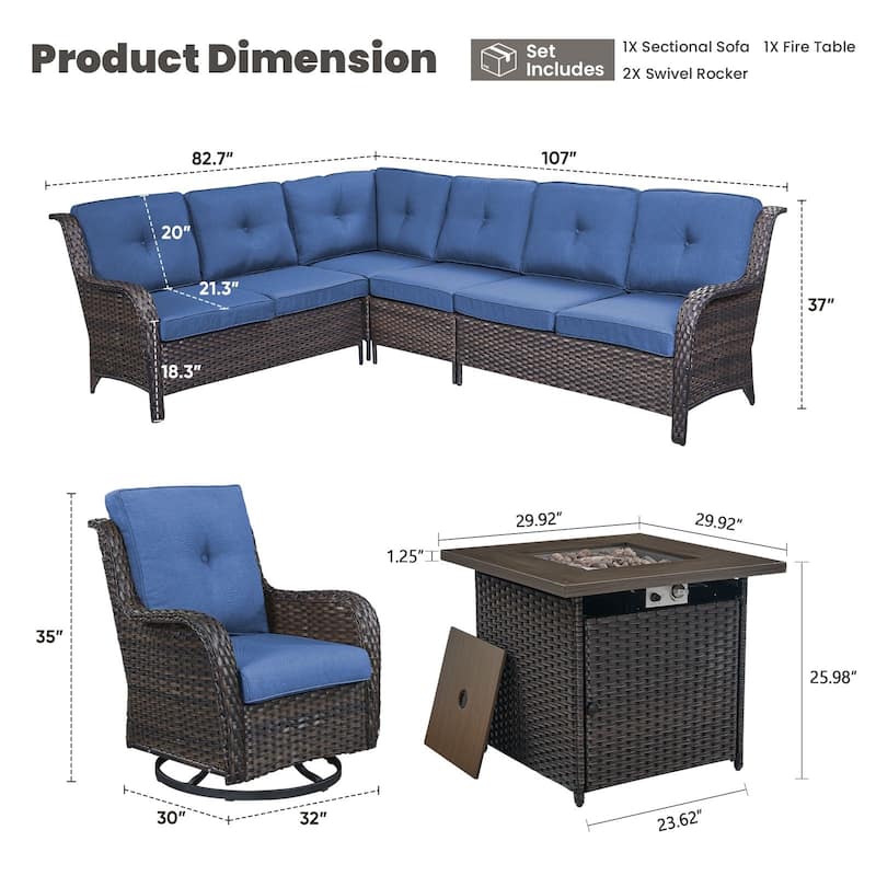 Gymojoy 4-Piece Outdoor Wicker Patio Furniture with Fire Pit and L-shaped Sectional Sofa, Coversation Set with Thick Cushions