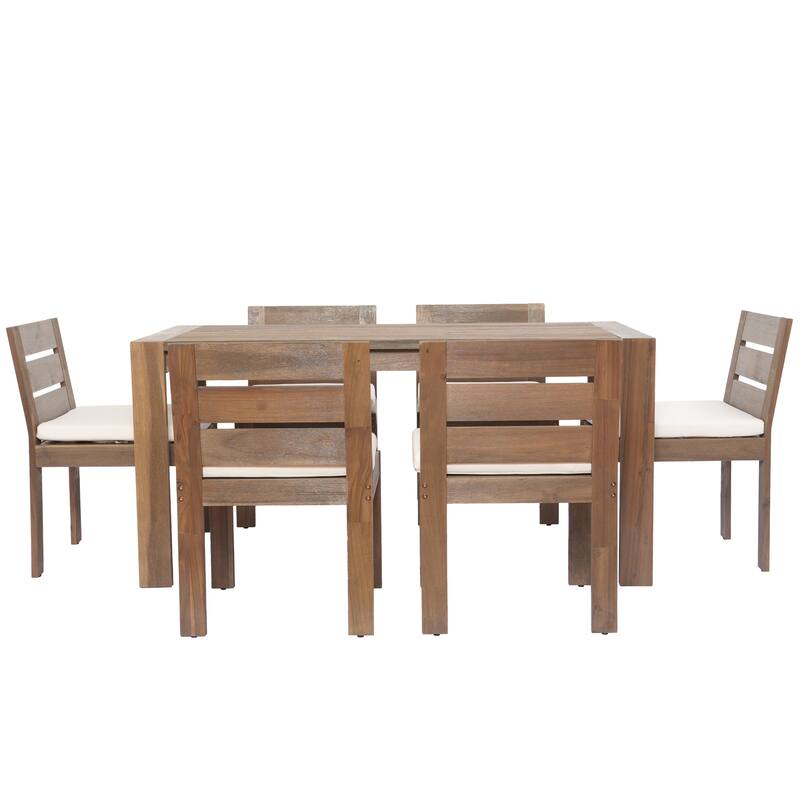 7 Piece Outdoor Dining Table and Chair Set, Acacia Wood Patio Furniture Set with Rectangular Table and 6 Dining Chairs
