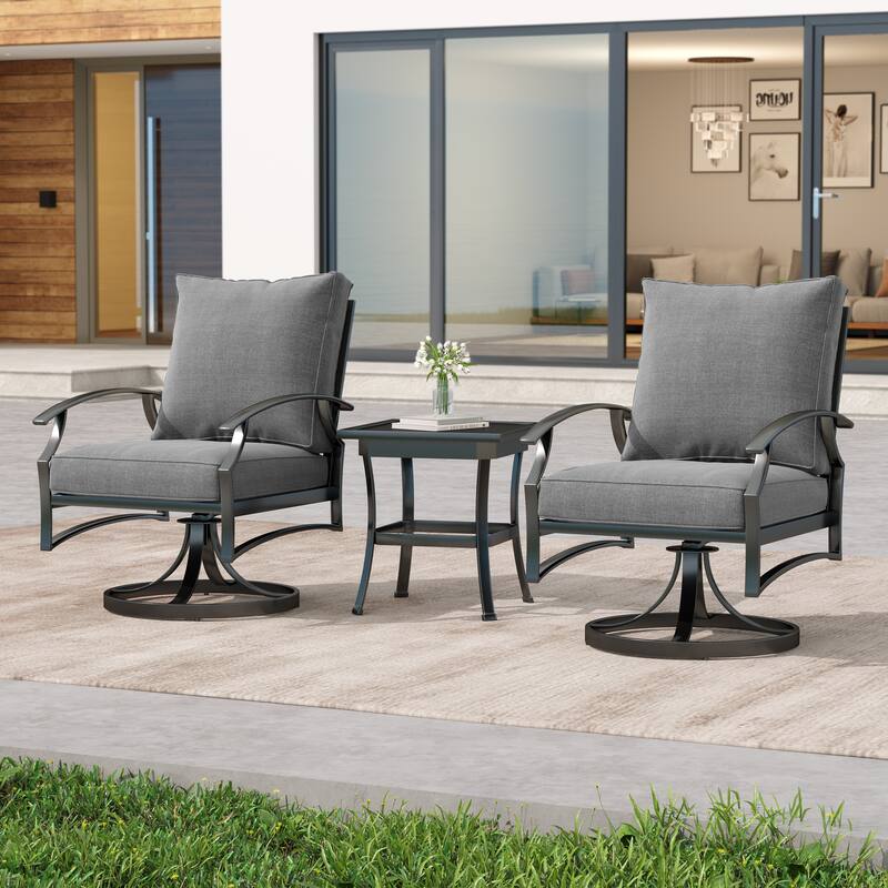 3 Piece Patio Metal Swivel Chair Seating Group with Side Table