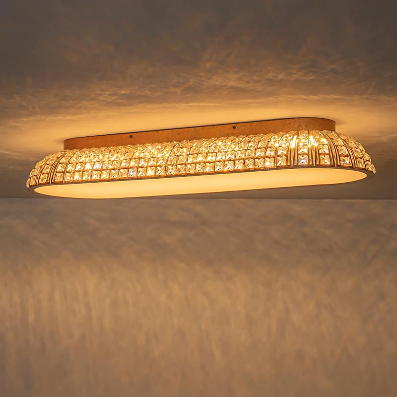 Retro French 38.6" W Antique Brass Linear Rectangle Crystal LED Flush Mount Ceiling Light