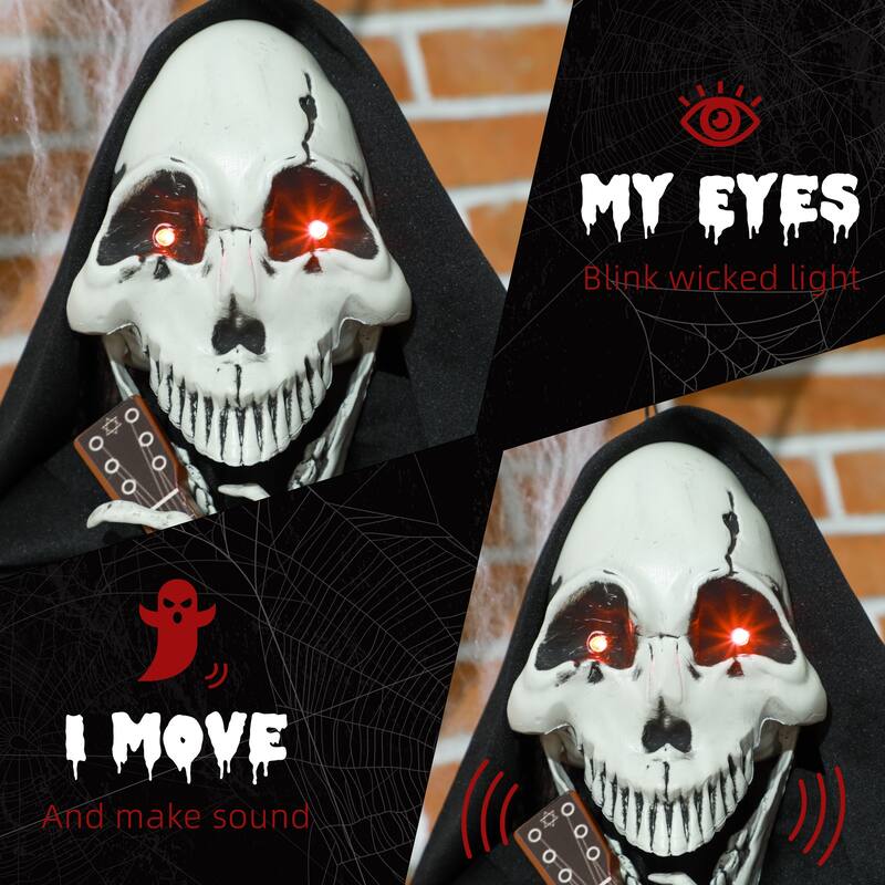 4.3' Outdoor Halloween Decoration Animatronic Guitar playing Grim Reaper Sound Motion Activated Light Up Eyes Guitar Music