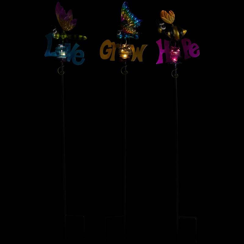 Solar Lighted Grow, Love and Hope Outdoor Garden Stakes - 35" - Set of 3 - Multi