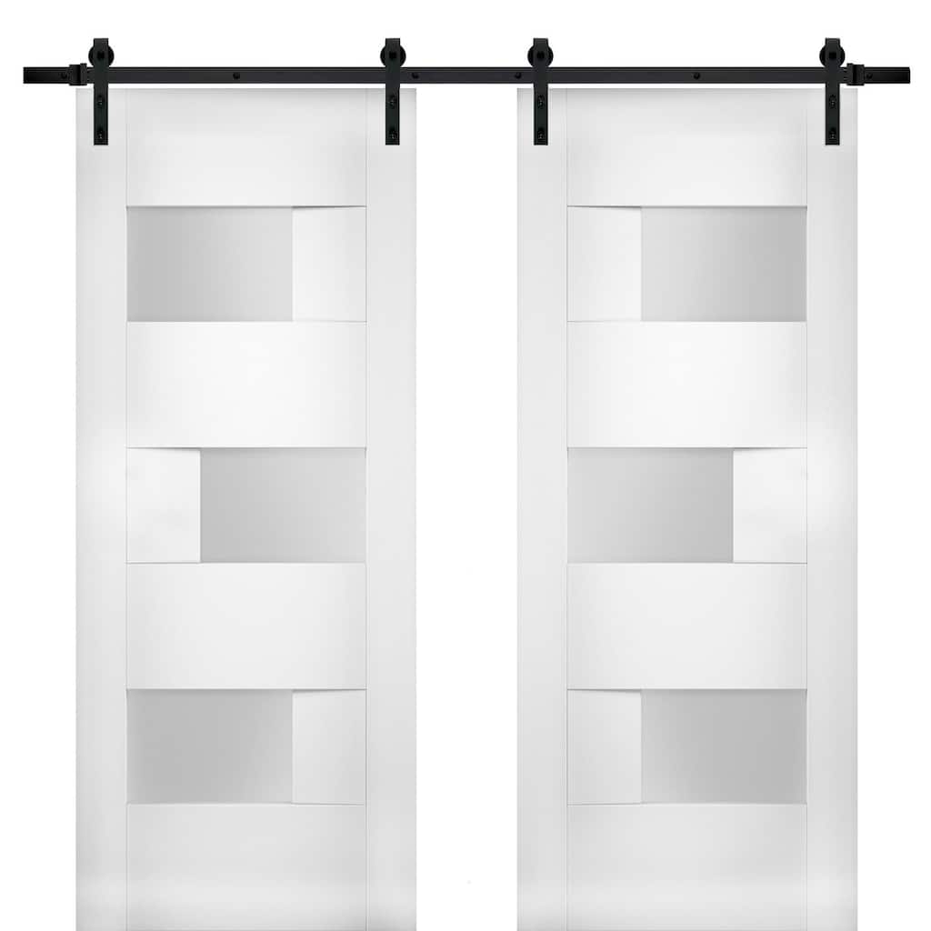 Modern Double Barn Door with Opaque Glass / Sete 6933 White Silk / 13FT Rail Track Set / Solid Panel Interior Doors