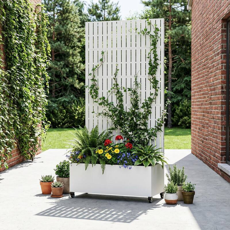 Raised Garden Bed Planter with Trellis Movable Planter Box with Lockable Wheels