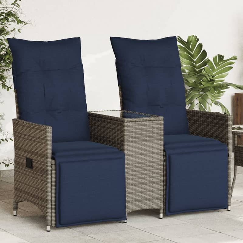 vidaXL Reclining Patio Sofa 2-Seater with Table Gray Poly Rattan - 51.2 x 23.2 x 36.2 - With footrest