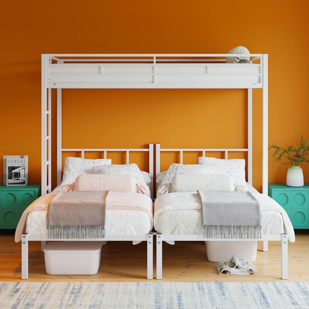 Convertible Triple Twin Metal Bunk Bed with Safety Guardrails and Ladder, Space-Saving Design for Dorm or Guest Room, White