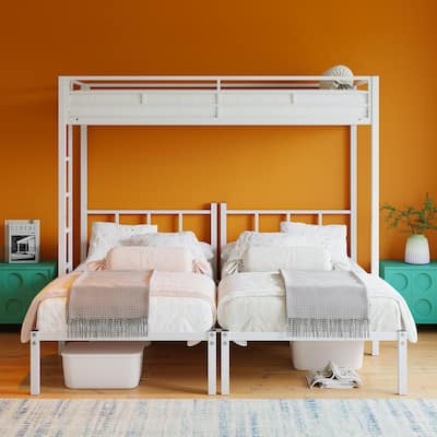 Twin Over Twin Over Twin Bunk Bed, Metal Triple Twin Bed with Safety Guardrails and Ladder, Convertible 3 Beds