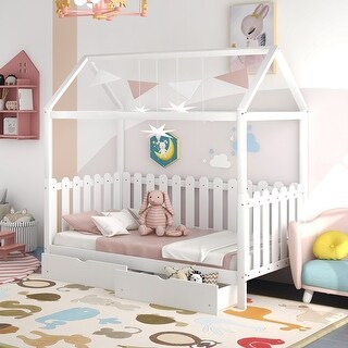 Twin Size Modern Solid House Bed with Fence-shaped Guardrail and 2-Drawers