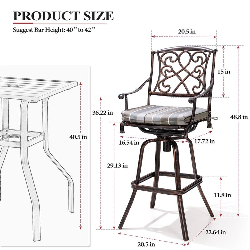 Crestlive Outdoor Patio Bar Height Swivel Bar Stool with Sunbrella Cushion