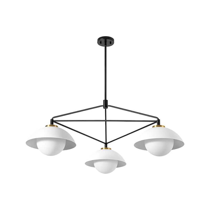 3-Light 41.9" W Mid-Century Modern Matte Black Dome Geometric Metal Chandelier with Opal Glass Globe Shades