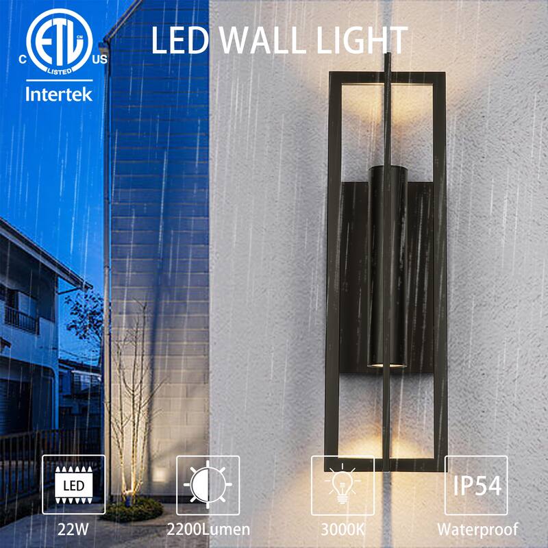 24 in. 2-Light Modern Black Square LED Outdoor Wall Sconce - 7 in. W x 24 in. H x 8.2 in. D
