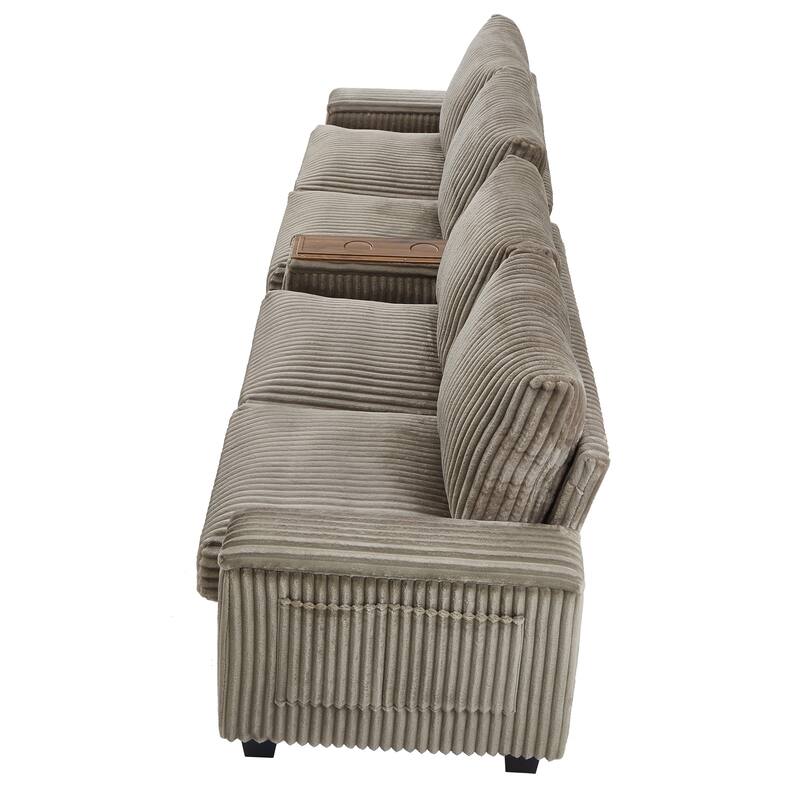 4 Seater Corduroy Sofa Couch with USB Ports and Storage Arms, 133" Modern Sofa with Side Pockets and Flip-Top Cup Holders