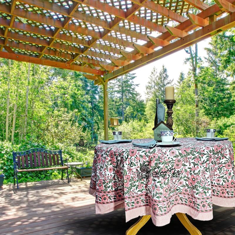 Cotton Floral Block Print Tablecloth Collection - 72 inches - Rose Pink