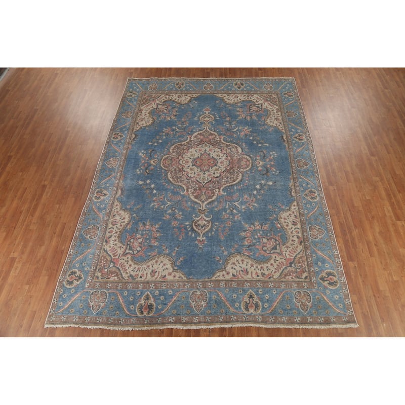 Blue Floral Tabriz Persian Antique Area Rug Hand-Knotted Wool Carpet - 9'6"x 12'10"