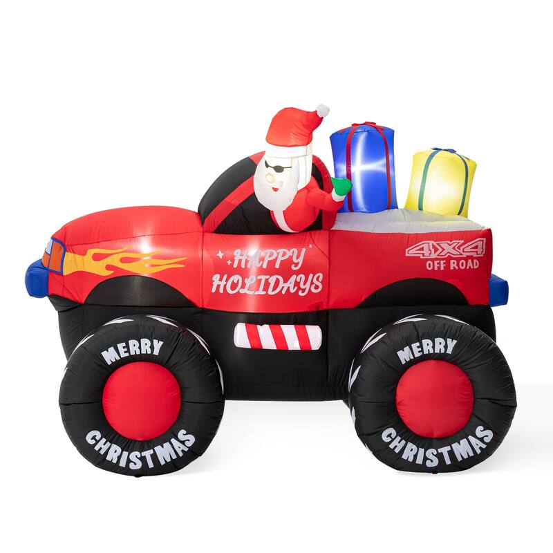 Glitzhome 7FT Lighted Santa Claus On Pick Up Vehicle Inflatable Decor