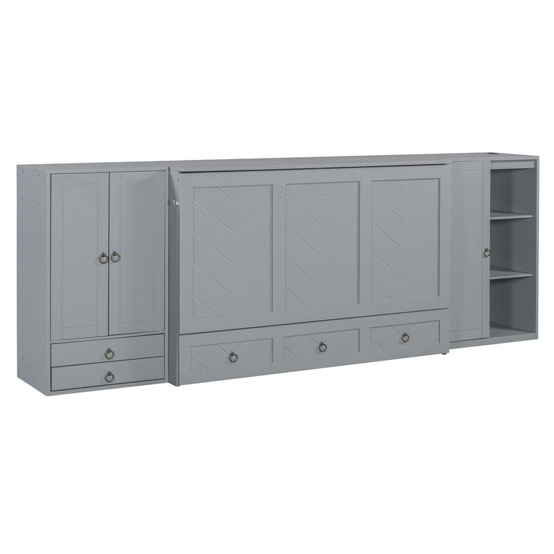 Queen Size Solid Wood Murphy Bed with Charging Station, Built-In Wardrobes, Drawers, and Foldable Cabinet Design