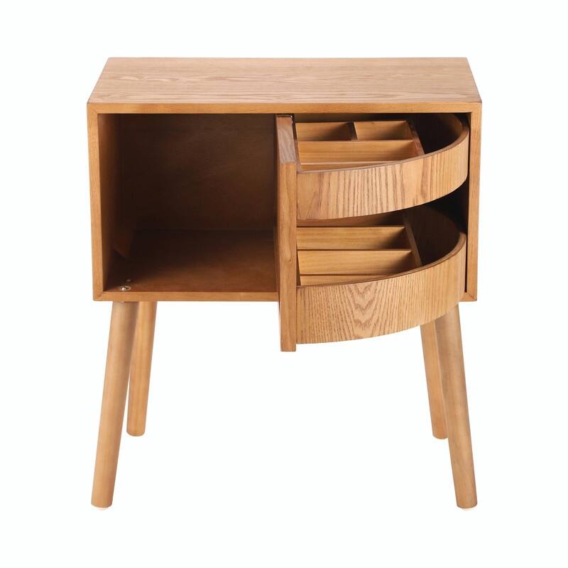 Mid-Century Modern Rattan Nightstand with Rotating Hidden Compartment and Wood Legs