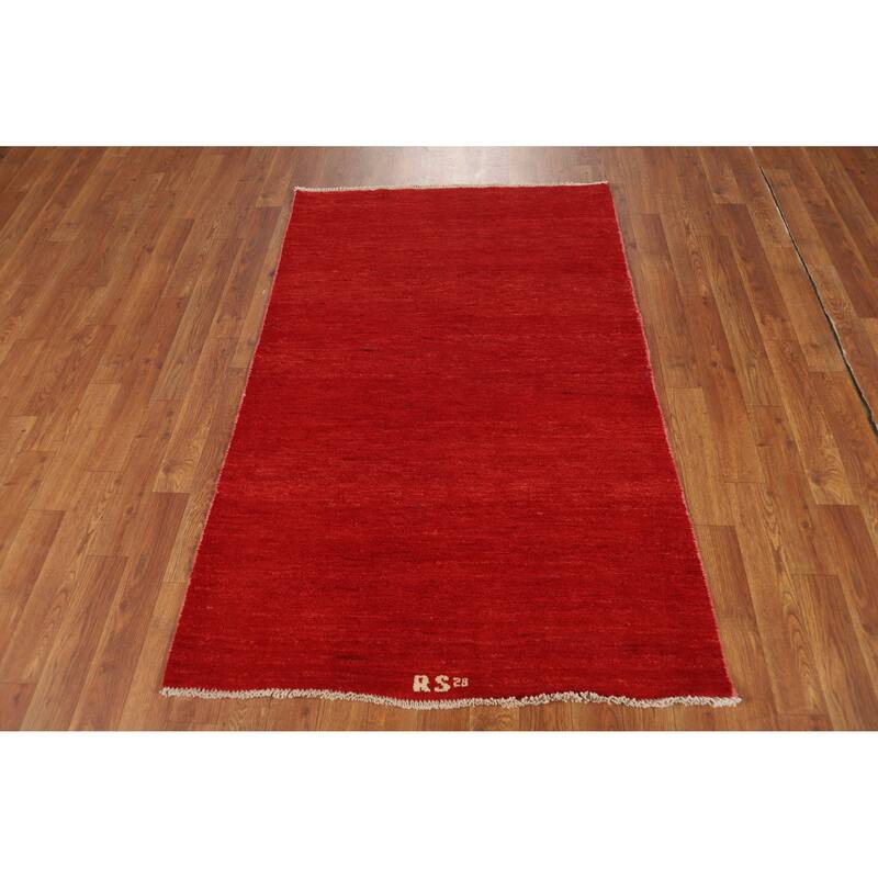 Modern Red Gabbeh Oriental Rug Hand-Knotted Wool Carpet - 3'1" x 4'10"