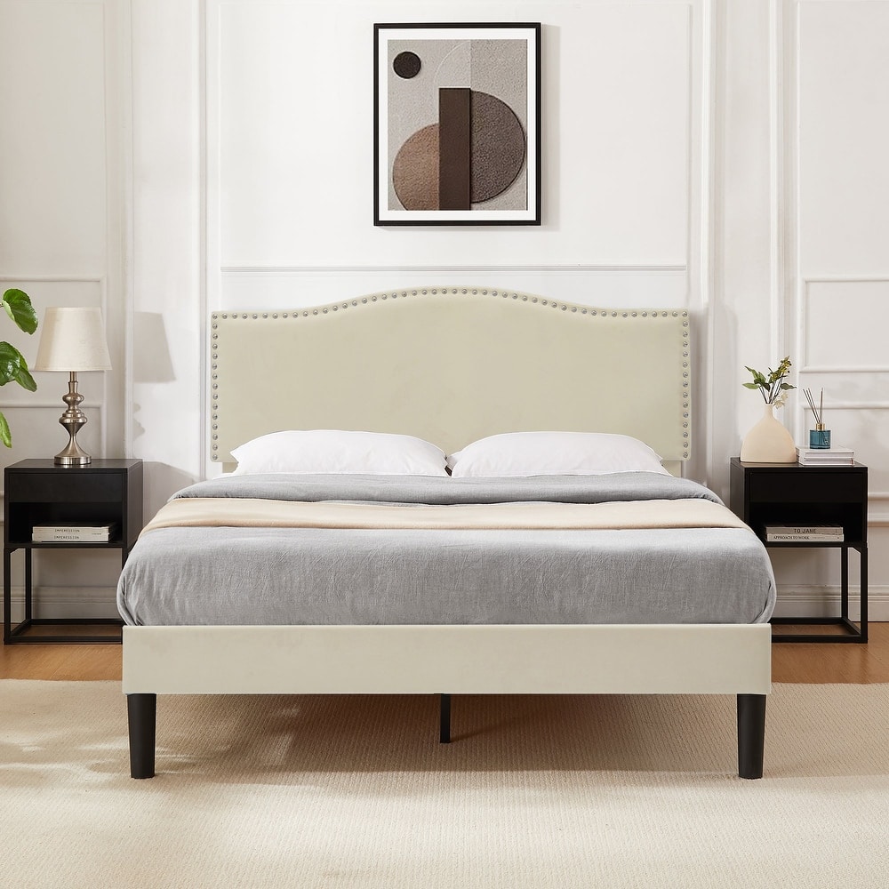 Javlergo Velvet Upholstered Bed Frame with Adjustable Headboard & Nailhead Trim Heavy-Duty Frame with Center Support Leg