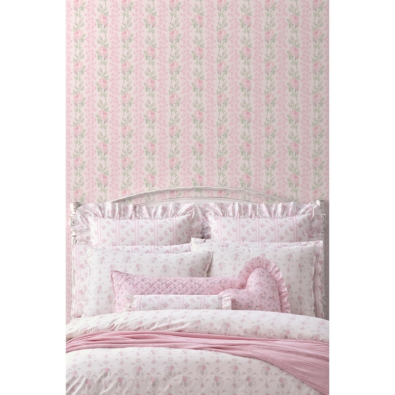 LoveShackFancy NuWallpaper Blooming Heirloom Strawberry Macaron Rose Stripe Peel and Stick Wallpaper