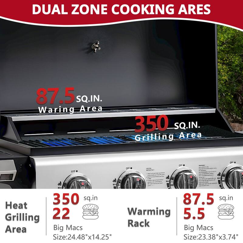 4-Burner 36,000BTU Propane Gas Grill with Brush, Stainless Steel Camping Stove with Foldable table, Hanging Basket, Support Legs