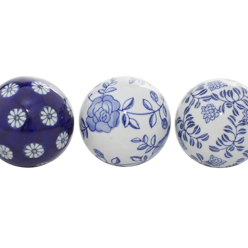 Ceramic Floral Handmade Glossy Decorative Orbs & Vase Filler with Varying Patterns - Set of 6 Black or Blue - Roche River Decor