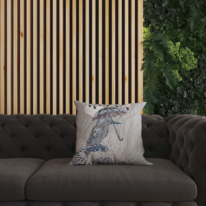 Silver And Brown Bird with Umbrella Indoor/Outdoor Throw Pillow Zipper